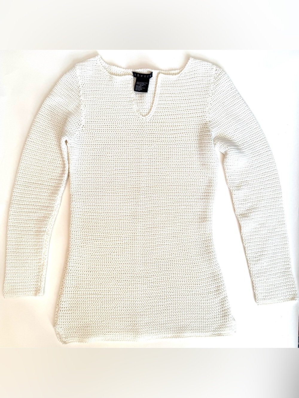 Theory White Open Knit Crochet Style Long-Sleeve V Neck Sweater M